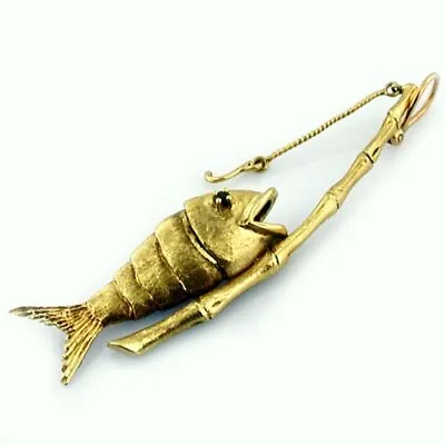 Rare Bamboo Fishing Pole With Movable Fish & Hook Vintage 14k Gold Charm Pendant • $690