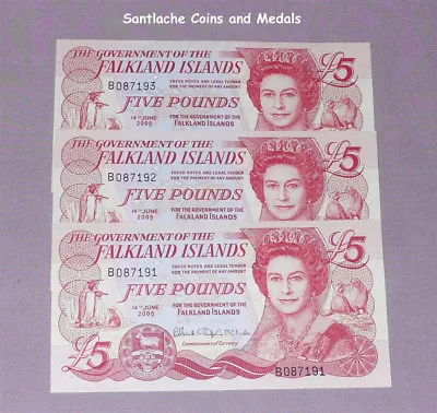 2003 FALKLAND ISLANDS £5 BANKNOTE X 3 CONSECUTIVE NUMBERS - 2nd ISSUE CRISP UNC • £66.50