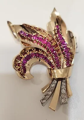 Vintage 1940's Retro 14k Rose Gold Ruby Diamond Feather Leaf Brooch Pin • $1200