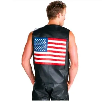 £136.94 • Buy Motorcycle Black Men's Usa Biker Leather Vest American Flag Buttons Lined Pocket