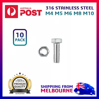 316 Grade Hex Stainless Steel Bolt & Nut Marine M4 M5 M6 M8 M10 Australia • $6.79