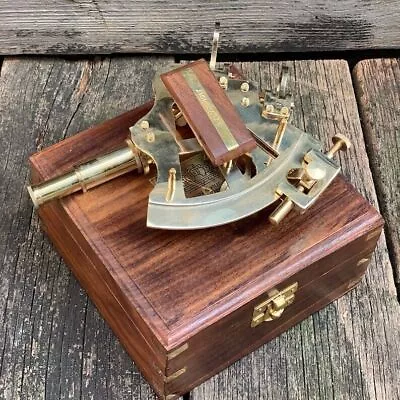 Marine Instruments Solid Bra Sextant With Brown Wooden Box Vintage Look • $68.70