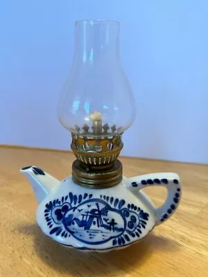 Antique Teapot Style Delfts Blue Windmill Dutch Oil Lamp • $35