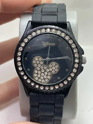 Disney Mickey Mouse Ice Crystal Rose Gold Black Rubber Strap Watch MK1101-R14 • $0.99