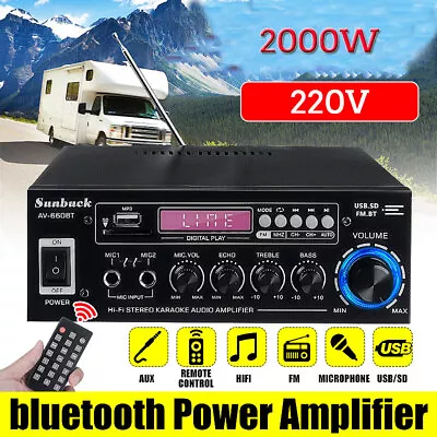 2000W HiFi Bluetooth Power Amplifier 2CH USB Home Stereo Audio USB FM Radio AU • $52.53