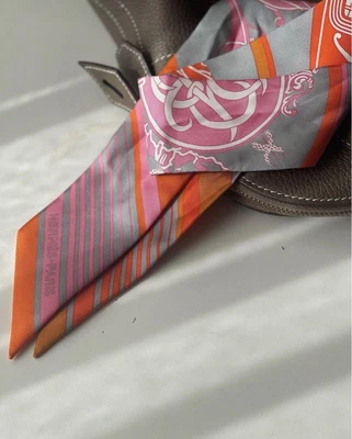 $255 • Buy HERMES Twilly Scarf EX LIBRIS With Box 2022aw Silk Rare Gray And Orange
