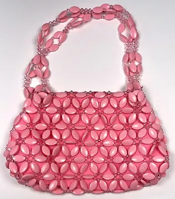 VTG 60s Mod 12 X8  Bubblegum Pink Chunky Beads Plastic SHOULDER BAG Purse EUC • $99.99