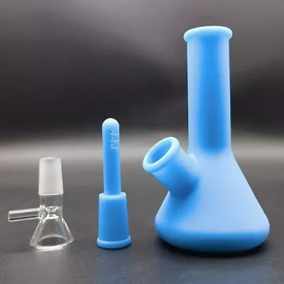 5  Blue Silicone Bong Mini Bubbler Beaker Water Pipe Hookah W/ 14mm Glass Bowl • $10.44