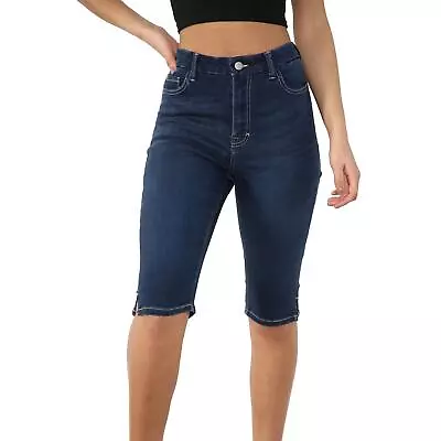 Womens Denim Shorts Magic Shaping High Waist Summer Knee Length Shorts • £14.99