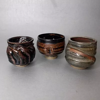 Three Glazed Chawan Handmade Pottery Japanese Matcha Tea Bowls Abstract Shapes • $65.80