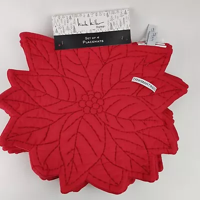 Nicole Miller Holiday Christmas Poinsettia Quilted Placemats Set Of 4 Red 15x15 • $35.41