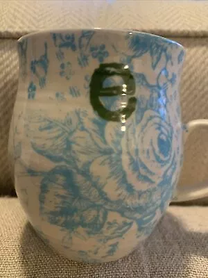 Anthropologie Homegrown Coffee Cup Mug Monogram “e” Blue Floral Bird Cottagecore • $14