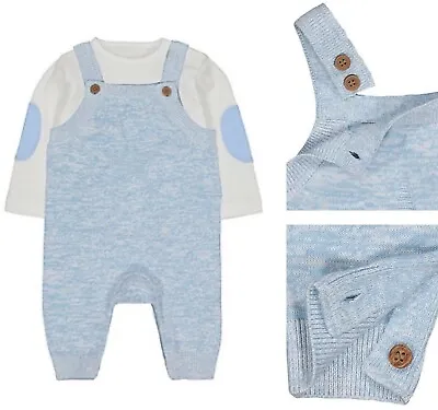 Bnwt Mothercare Baby Boys Blue Cream Knitted Long Sleeve Bodysuit Dungarees Set  • £5.95