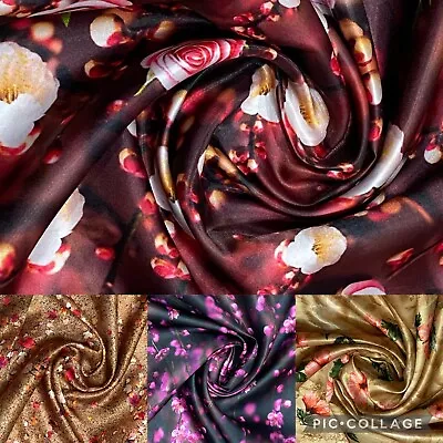£3.99 • Buy Printed Silky Liquid Satin Fabric  Dress Craft Deco Satin Fabric 44''Wide 
