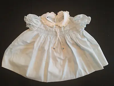 Vtg Hand Smocked Cherubs Baby Dress Blue Flower Daisy Tie Peter Pan Collar 12 M • $9.99