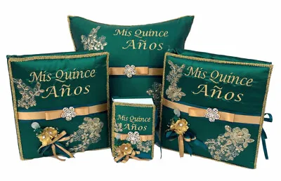 $215.95 • Buy NEW 4PC Hunter Green Quinceanera Set Kneeling Pillow Guestbook Photo Album Bible