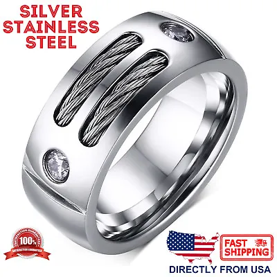 Men's Ring Titanium Or Stainless Steel Cable Inlay 9mm Wedding Band Comfort Fit • $14.25