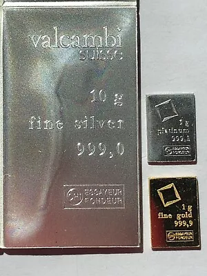 1 GRAM GOLD 1 GRAM PLATINUM 1x10 GRAMS SILVER 999 PURE VALCAMBI COMBIBAR • $309.29