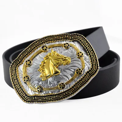 Men's Black Leather Belts Champion Western Golden Horse Head Metal Belt Buckle • £11.99