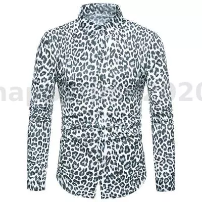 INCERUN Mens Leopard Animal Print Long Sleeve Party Club Dress Shirt Blouse Tops • £11.57