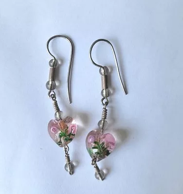 Handmade Earring Pink Heart Murano Glass Silver 925 With Bead • $15.80