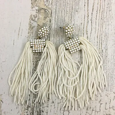 Sugarfix Baublebar Pierced Earrings White Fringe Dangle Drop Tassel Gold Tone • $14.99