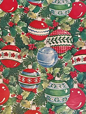 Vtg Christmas Wrapping Paper Gift Wrap Red White Blue Ornaments Nos 24  X 28  • $9.99