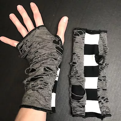 Upcycled Gloves Black Mummy Hand Warmers Gray Striped Arm Covers Mens Zombie Y2k • $26