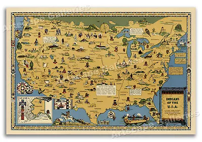 Indians Of The USA Native American Tribes Historical Vintage Map Poster - 16x24 • $13.95