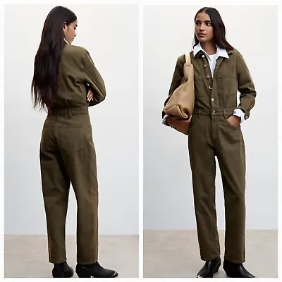 MNG By Mango Women's L Olivia Army Green Long Denim Collared Jumpsuit $99 NWT • $79.95