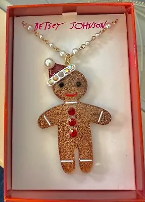 Betsey Johnson Glitter Gingerbread Man Santa Hat Faux Pearl Gold Tone Chain • $50