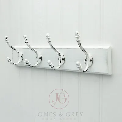 Vintage Distressed Wooden Wall Coat Rack Aged White Metal Cast Iron Hooks Pegs • £19.99