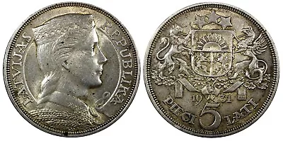 LATVIA Silver 1931 5 Lati Maiden's Head 37 Mm  KM# 9 (24 339) • $34.95