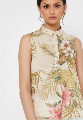 $68 • Buy Mango Set Top Size L Pants Size M Women Tropical Print Cotton Beige