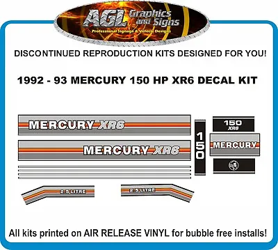 1992 1993  MERCURY 150 HP XR6 2.5 Litre Outboard Decal Kit Reproduction • $57.94