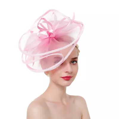 Women' Feather Net Hat Headband Fascinator Wedding Day Large Top Hat Hairpin NEW • £9.86