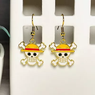 CROSSBONES * One Piece * Anime Theme Handmade Hook Dangle Enamel Charm Earrings • $9.95