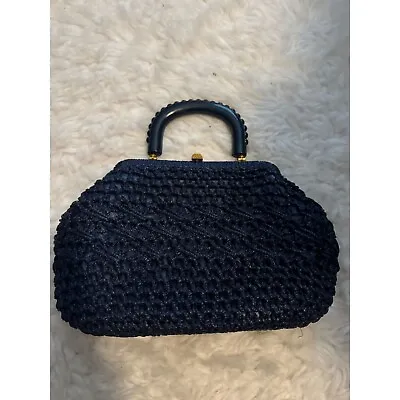 Vintage Navy Blue Crochet Raffia Purse Handbag With Bakelite Handle Made In Ital • $56