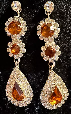 Vintage Stunning Art Deco Amber And Clear Color Crystal Dangle Pierced Earrings • $9.99
