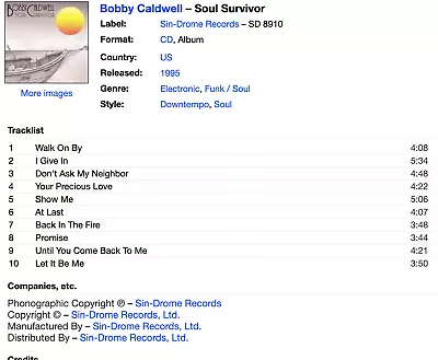Soul Survivor Cd By Bobby Caldwell 1995 Sin-Drome Records • $14.99
