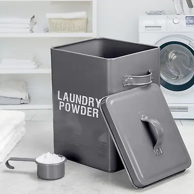 Laundry Powder Detergent Metal Storage Tin Box Measuring Scoop Lid Handle Grey • £11.99