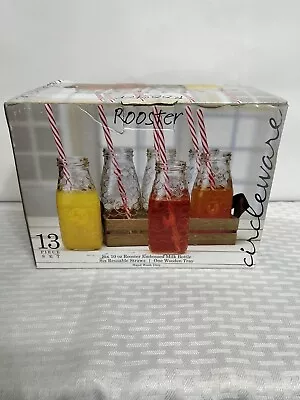 Circleware - Rooster Milk Bottle Glasses - Set Of 6 W/ Straws And Tray NOS • $37.87