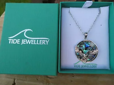 Barn Owl  Blue Green Abalone Paua Shell Pendant  18  Silver Necklace  Gift Box • $19.91