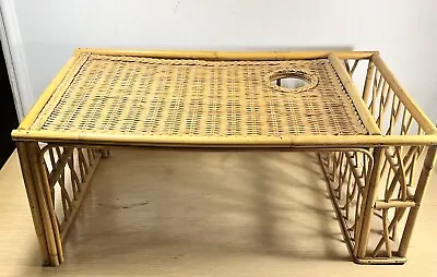 Vintage Wicker Rattan Bed TV Tray Bamboo Lap Breakfast Cup & Magazine Holder • $75