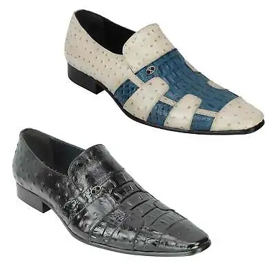 Mens 2 Tone Polished Real Leather Snakeskin Print Slip On Dress Party Shoes • £79.99