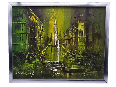 Framed Mid Century Modern Oil On Canvas Sailboats Architecture Signed Randolph • $99.99