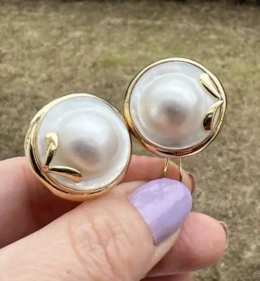 ESTATE VINTAGE  MABE PEARL 14K GOLD OMEGA CLIP ON STUD EARRINGS   25mm 12g • $359.99