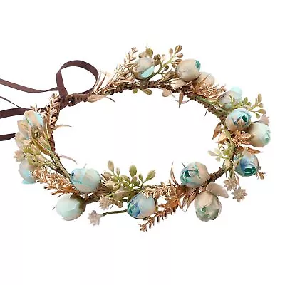 Women Vintange Flower Crown - Golden Leaf Blue Flower Headband Woodland Elven... • $20.32