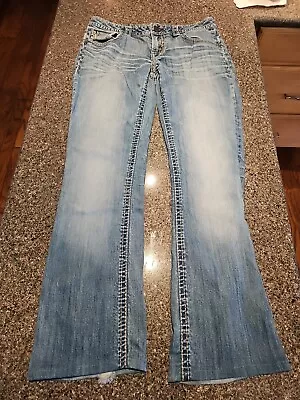 MEK Denim Jeans Womens 28X34 (30) Blue Aldan Bootcut Bold Stitching Distressed • $22.99