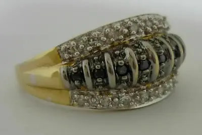 Stunning Unusual Art Deco Style White & Black Diamond 9k Gold Ring By QVC Size O • £159.99